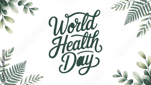 World health day celebration poster with green leaves on white background for health awareness campaign