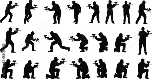 Paintball player silhouettes set, tactical action poses collection, extreme sport shooter figures isolated on white background vector illustration