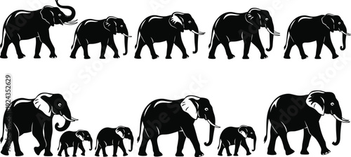 Elephant silhouette collection, African wildlife animal set, adult and baby elephants walking isolated on white background vector illustration