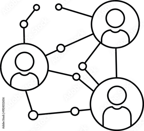 Abstract social network icon with connected people nodes, communication links, teamwork collaboration system, digital community structure outline vector illustration design