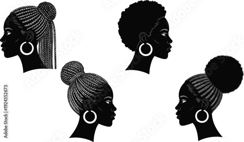 African American women silhouette, braided bun hairstyle, afro puff, cultural diversity, hoop earrings, traditional hair, modern style, beauty portrait