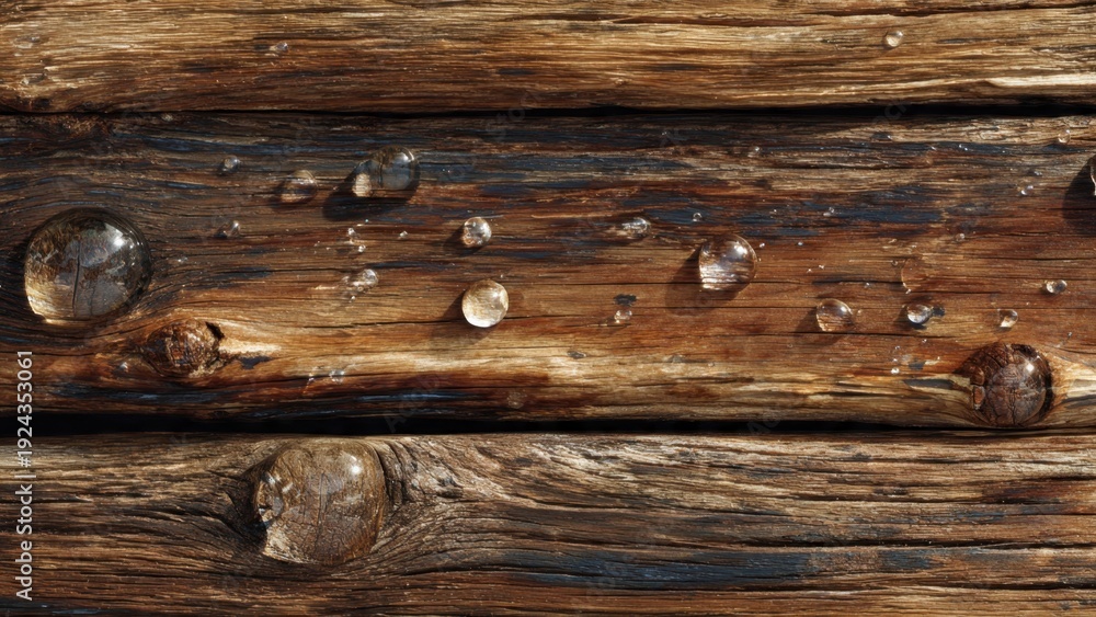 Obraz premium Water Droplets on Rustic Wood Surface