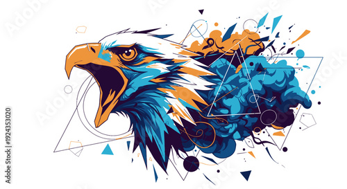 Dynamic abstract eagle illustration, a powerful symbol with vibrant colors and fluid geometric elements, capturing motion and modern graphic design