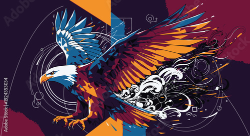 Vibrant artistic illustration of a majestic bald eagle in dynamic flight, showcasing strength, freedom, and abstract geometric patterns