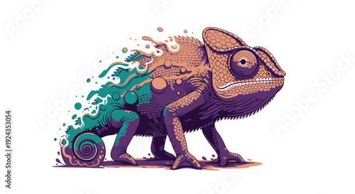 Colorful chameleon illustration with dynamic whisked color blend, merging vibrant teal and purple hues, symbolizing fluid transformation and adaptability