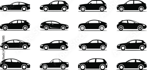 Car silhouettes illustration, sedan hatchback SUV coupe outline, automotive design reference, vehicle profile sketch, transportation study artwork, diverse automobile shapes