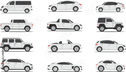 Car silhouettes illustration, sedan SUV hatchback coupe convertible truck van outline, automotive design reference, vehicle profile sketch, transportation artwork