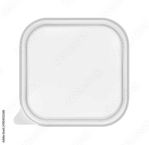 Realistic square aluminium foil tray with lid mockup. Vector illustration isolated on white background. Flat lay view. Can be use for food, wet food, pate and etc. Ready for your design. EPS10.