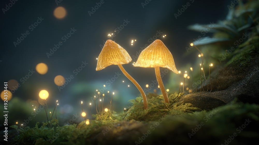 Fototapeta premium Glowing mushrooms in a forest environment with bokeh effect and moody lighting