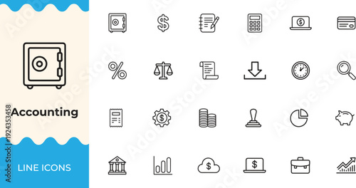 Accounting and finance editable line icons set. Banking, investment, budget, and money management vector illustration