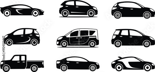 Car silhouettes illustration, sedan SUV hatchback coupe truck minivan outline, automotive design reference, vehicle profile sketch, transportation study artwork, diverse automobile styles
