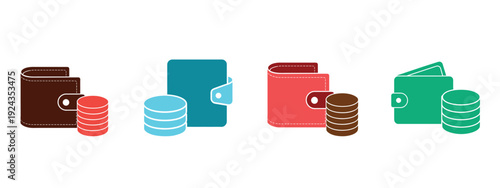 Colorful money wallet silhouette icon set with leather purse, credit card storage, financial savings, budget payment, stacked coins more vector illustration isolated on white background.