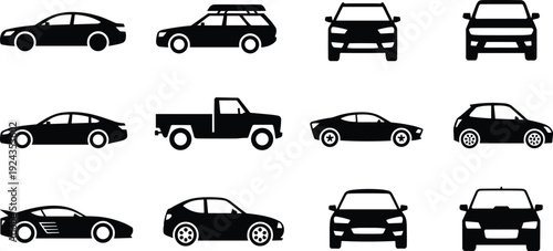 Car silhouettes illustration, sedan SUV hatchback coupe truck outline, automotive design reference, vehicle profile sketch, transportation study artwork, diverse automobile models