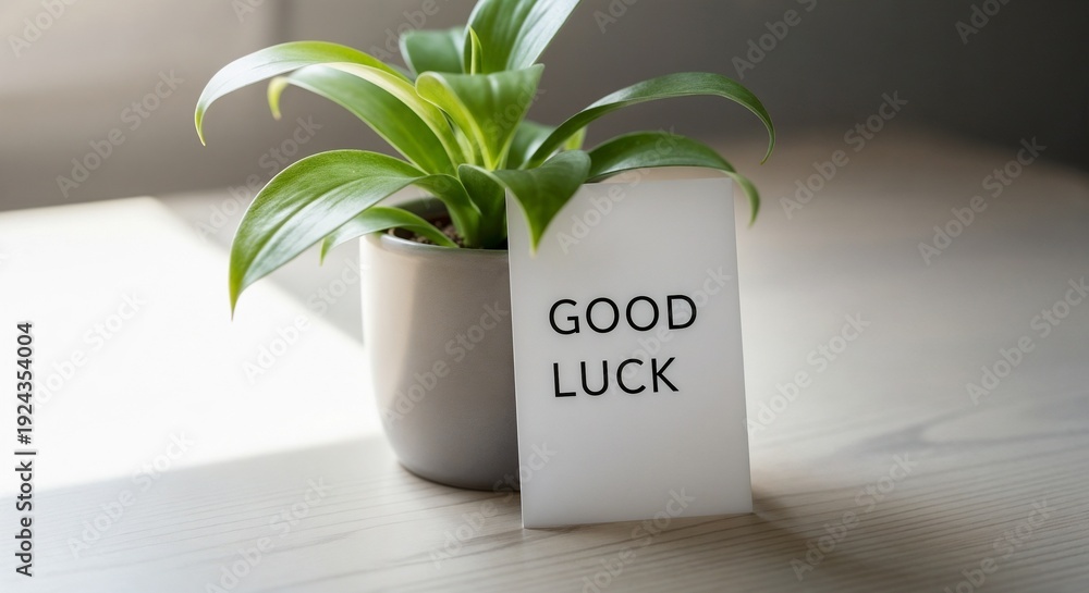 Card or banner with lettering GOOD LUCK near green house plant in pot. Motivational message for important events, exams, job interview, finals. Phrases and words for support
