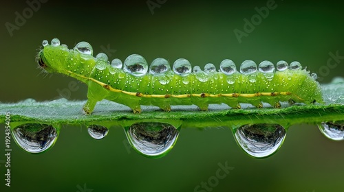 Green caterpillar on a leaf with water droplets close up macro