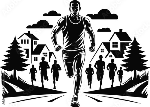 Community marathon runners illustration, athletic fitness artwork, neighborhood race design, dynamic jogging scene, muscular athlete silhouette, outdoor sports training poster
