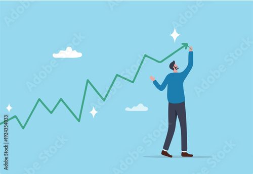  Financial growth, business up rising or growing well, planning to progress and increase profit, success achievement strategy concept, businessman drawing financial growing growth graph diagra.