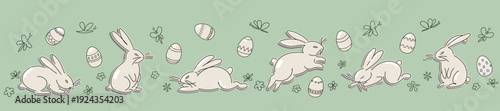 Cute Easter border with playful bunnies, decorated eggs and spring flowers on green background. Seamless horizontal holiday banner perfect for greeting cards, invitations, nursery and seasonal designs