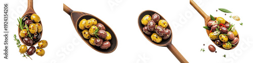 Set and collection of assorted marinated green and kalamata olives served in rustic wooden spoons with fresh herbs isolated on white transparent PNG background