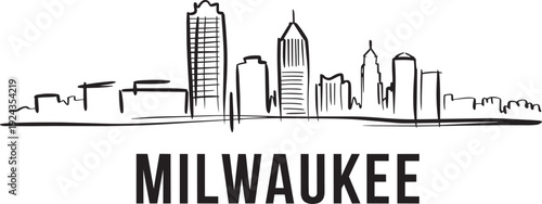 Milwaukee city sketch with hand drawn skyline buildings and downtown landmarks for design work