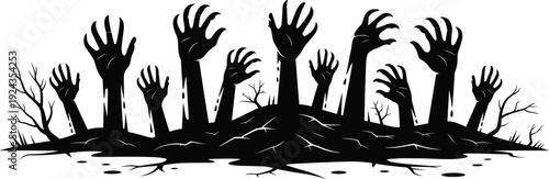 Creepy zombie hands rising from dark ground, horror silhouette illustration with spooky undead concept for Halloween background design