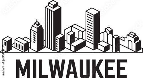 Milwaukee city skyline isometric black and white outline vector illustration with text