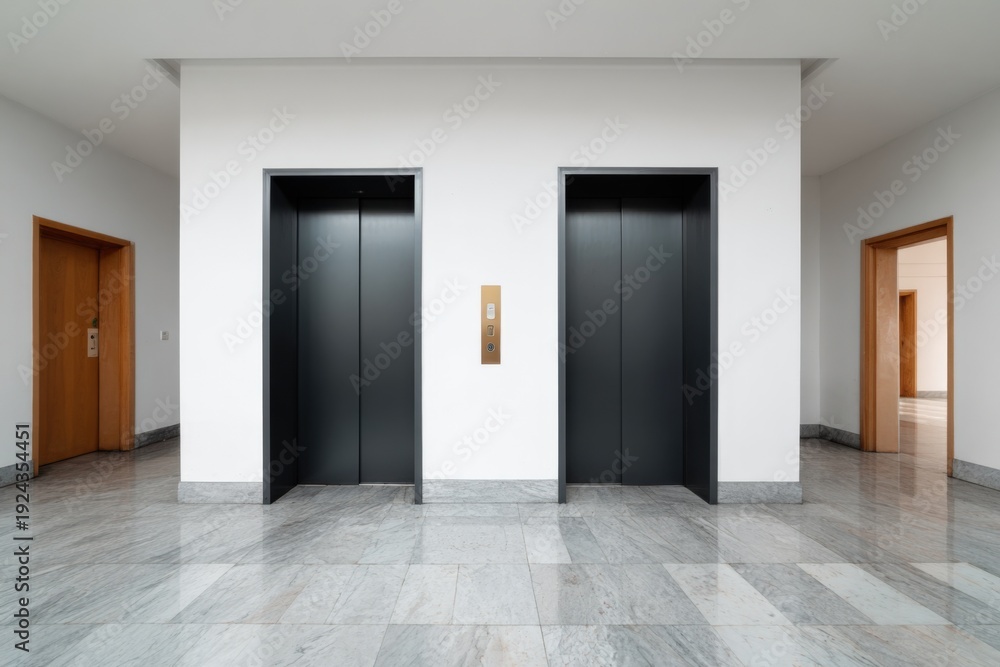 Obraz premium Modern building interior with two closed elevators and marble floor