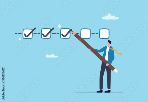 Project tracking, finishing or development completion progress, project timeline or task workflow, productivity or efficiency concept, businessman project manager tick project checklist progr