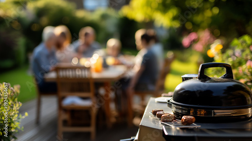 Faceless family enjoying sunny afternoon in backyard gathering around dining table while barbecue grill sits nearby children playing as adults socialize vibrant landscape outdo