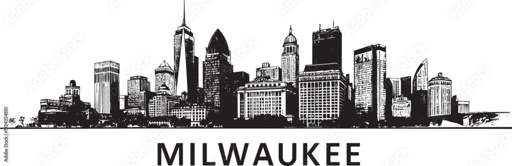Obraz premium Milwaukee skyline vector graphic silhouette of city buildings and text