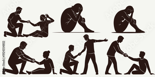 Helping and Supporting People Silhouette Set, Kindness Compassion and Assistance Concept