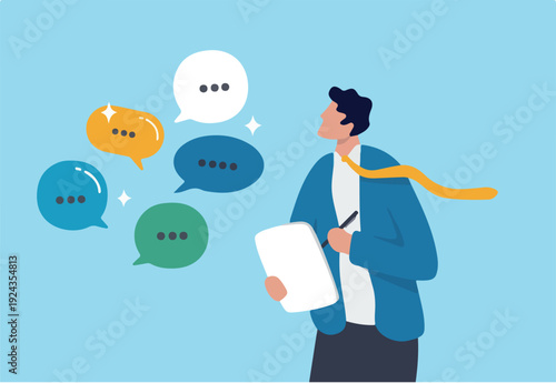 Requirements gathering, client demand or customer opinion, summary or meeting conclusion, stakeholders use case, lecture or meeting note concept, businessman write client requirements from di