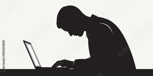 Man Working Late on Laptop Silhouette, Stress Fatigue and Overwork Concept
