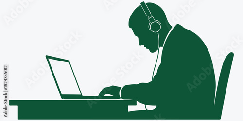 Man Working on Laptop with Headphones Silhouette, Remote Work and Online Learning Concept