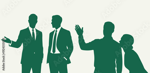 Business People Talking Silhouette Set, Teamwork and Communication Corporate Concept