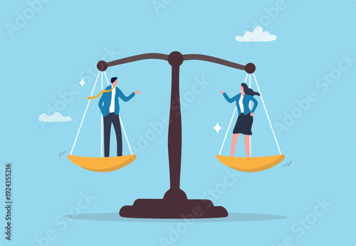 : Gender equality, workplace fairness, justice or law, diversity corporate employee, comparison or balance scales, equilibrium concept, businessman and businesswoman colleagues on balance equal.