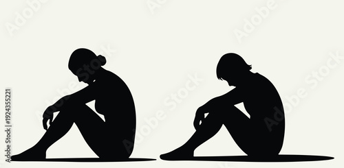 Depressed Man Sitting Alone Silhouette, Mental Health and Loneliness Concept Illustration