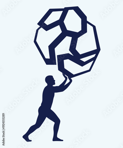 Man Carrying Giant Soccer Ball Silhouette Vector Illustration, Football Player Strength Concept