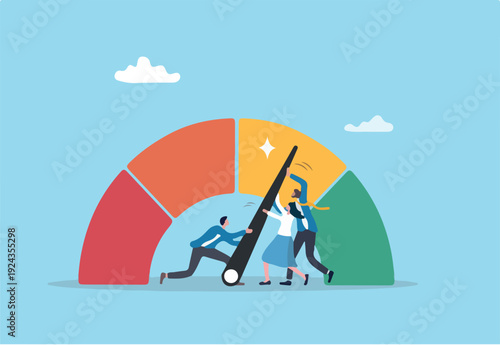 Performance rating, risk management or employee survey score, evaluation or grade assessment, employee engagement, credit score, productivity concept, business people help push measuring gaug