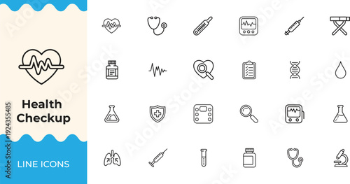 Health checkup and medical care editable line icons set. Healthcare, hospital equipment, medicine, and wellness vector illustration