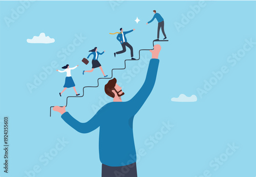 Support employee to reach success and career growth, mentor or coaching help employee engagement, working community, teamwork or career development, businessman manager help colleague growing