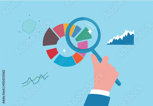 Magnifying glass analyzing investment graph and chart diagram, research statistics, oversight or insight information, market trend concept, businessman hand holding magnifying glass analyze g.
