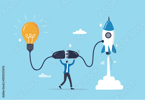 Entrepreneur business idea creating startup company, start new business with creativity, innovation, company founder, inventor or development, businessman connect lightbulb idea with launchin