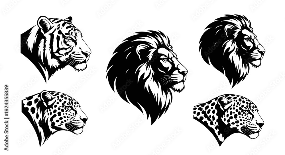 Obraz premium Graphic portraits of big cats in black and white profile view vector set