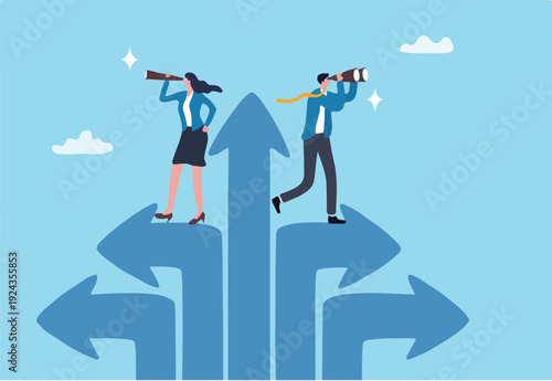 Vision to see success direction in uncertainty, change or leadership to make decision, planning or discovery challenge, search for opportunity, businessman woman look through telescope and sp.