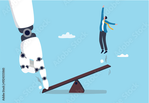 Artificial intelligence to support and help business success, AI automation tech, innovation boost employee development, assistant for improvement concept, robot hand help businessman jump on