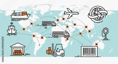 Global logistics and transportation network illustrating the movement of goods via various modes across the world