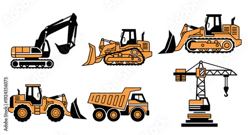 Construction equipment set including excavator, bulldozer, crane, and dump truck on a plain white background