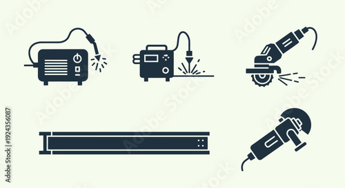 Various industrial power tools and equipment are depicted in a series of illustrations showcasing different machinery and devices.