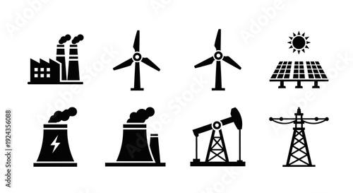 Various energy sources including wind turbines, oil rigs, and solar panels depicted in black icons on a white background from a straightforward viewpoint